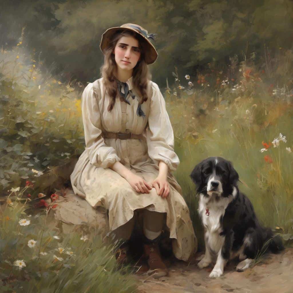 Φωτογραφία νεαρής γυναίκας με σκύλο σε φυσικό τοπίο, αναδεικνύοντας την ομορφιά της φύσης, την δύναμη της μορφής και του χρώματος, σε ρετρό και ρομαντικό ύφος.