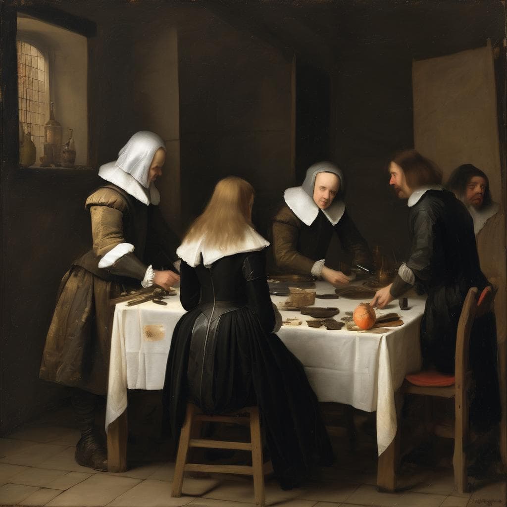 Ανθρώπους και αντικείμενα σε εσωτερικό χώρο, ιστορική αναπαράσταση, τριάδα γυναικών, ζωγραφική εποχής, παραδοσιακές ενδυμασίες, δύναμη της μορφής και του χρώματος, αλληλεπίδραση ανθρώπων, καθημερινές στιγμές, λεπτομέρειες στα ρούχα και αντικείμενα, εικαστική τέχνη, εστίαση στη δύναμη της εικόνας και των χρωμάτων, ιστορική αισθητική.