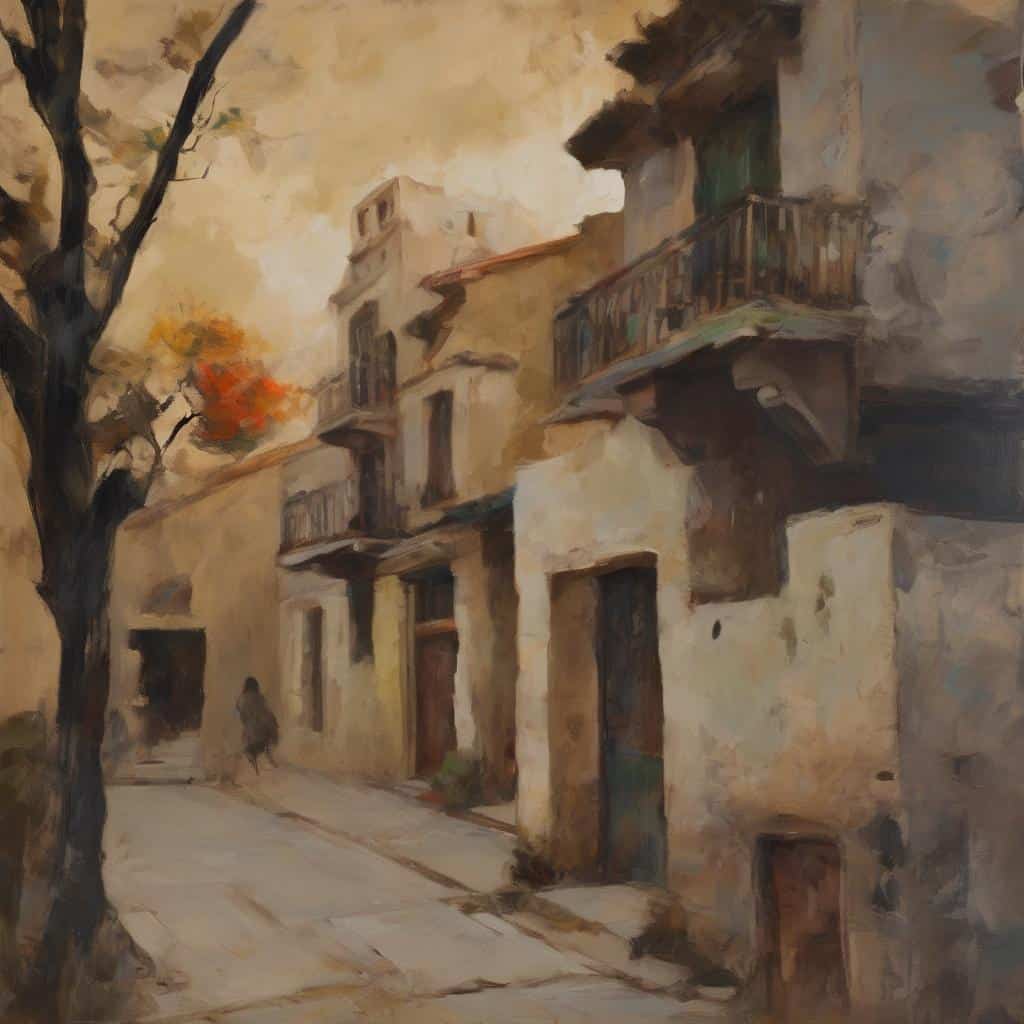 Παραδοσιακά σπίτια σε μια ήσυχη γειτονιά με έντονα χρώματα και μορφές, που αναδεικνύουν τη δύναμη της μορφής και του χρώματος στην τέχνη.