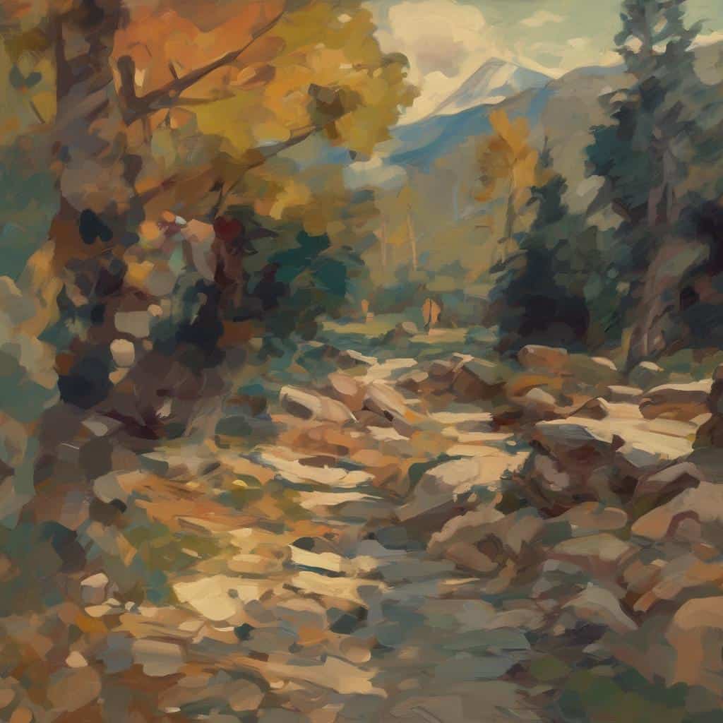ρευστό τοπίο με πράσινους και καφέ τόνους, έντονα χρώματα και δυναμική μορφή, εκφράζοντας τη δύναμη της φύσης, το σχήμα και το χρώμα σε ελαιογραφία, ιδανικό για τέχνη και φύση, πίνακας με ζωντανά στοιχεία φύσης και χρωμάτων.