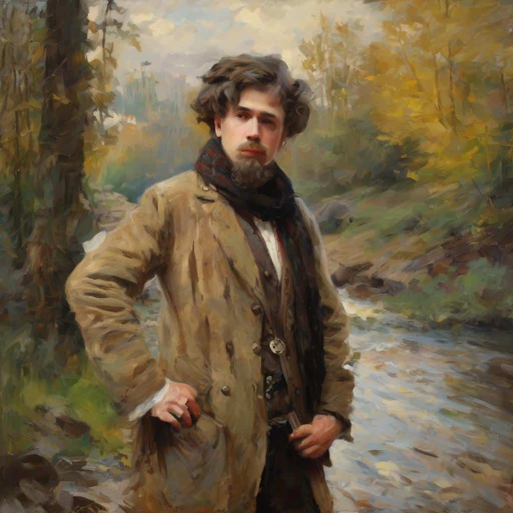 Νεανικός άνδρας σε τοπίο με φυσικά χρώματα, ζωγραφική πνεύμα, ελαιογραφία, μορφή και χρώμα, τέχνη, αρτ, φύση, εποχή φθινοπώρου, ατμοσφαιρικό, ρεαλιστικός πίνακας, καλλιτεχνική δημιουργία, τέχνες, εκφραστικότητα.