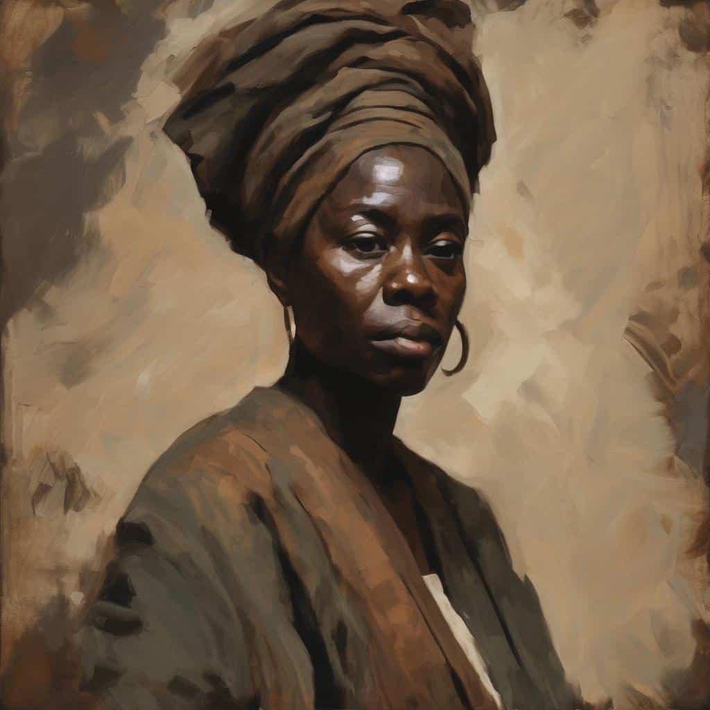 Anadji εικόνας: πορτρέτο γυναίκας με ιδιαίτερη έκφραση, φορώντας τιάρα και φόρεμα σε γήινες αποχρώσεις, με έμφαση στη δύναμη της μορφής και του χρώματος, εκφράζοντας περηφάνια και κουλτούρα.