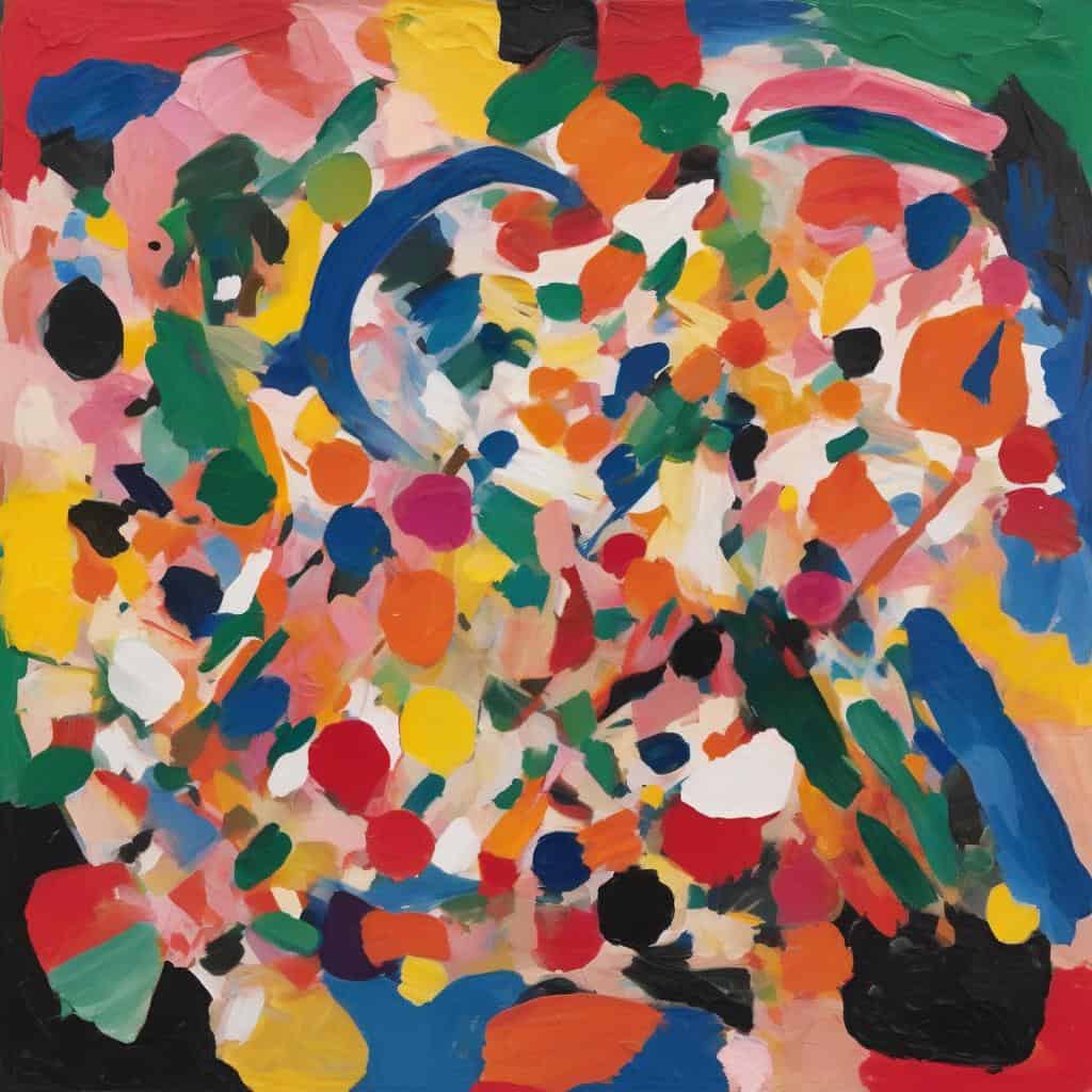 Ζωγραφική αφηρημένης τέχνης με έντονα χρώματα και δυναμικές μορφές, αναδεικνύοντας τη δύναμη της μορφής και του χρώματος στην τέχνη.