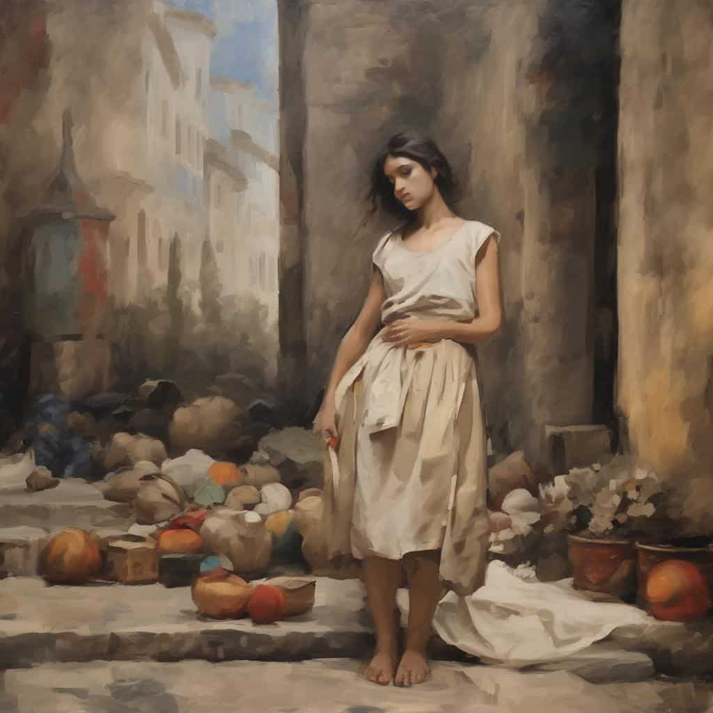 Ρεαλιστικό έργο τέχνης με νεαρή γυναίκα σεσαλονίκη σε ερειπωμένη αστική περιοχή, χρησιμοποιώντας μορφή και χρώμα για να αναδείξει συγκίνηση και έκφραση.